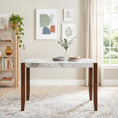 46.5 Inch Rectangular Faux Marble Dining Table, Rubber Wood Legs Modern Scandinavian Kitchen Table, 300 LBS Capacity Easy Assembly Multi-Use Table for Dining Room Living Room