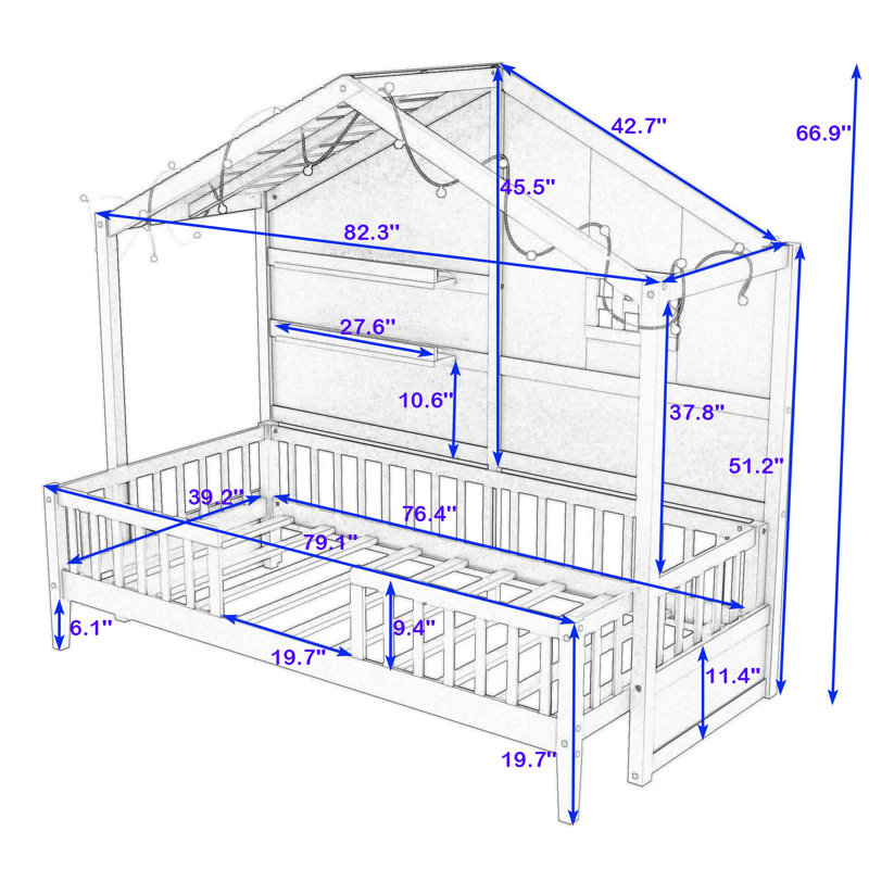 Fidelius Twin Wood Platform Bed with Shelves and Guardrail, Gray