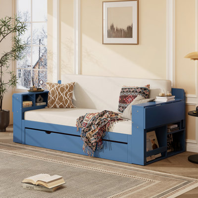 Lit de jour avec bureau amovible, tiroirs de rangement et table d'appoint hydraulique