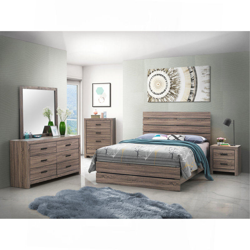 Ensemble de chambre à coucher à panneau de lit à lattes 5 pièces Geary Oak, Très grand lit