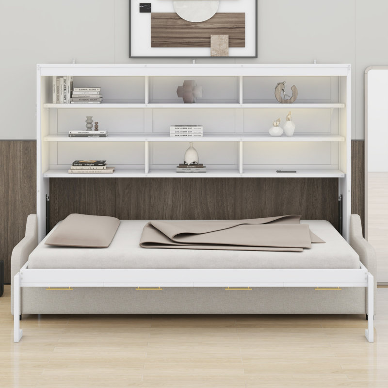 Lit escamotable tout-en-un avec canapé, tablettes de rangement et lumière DEL