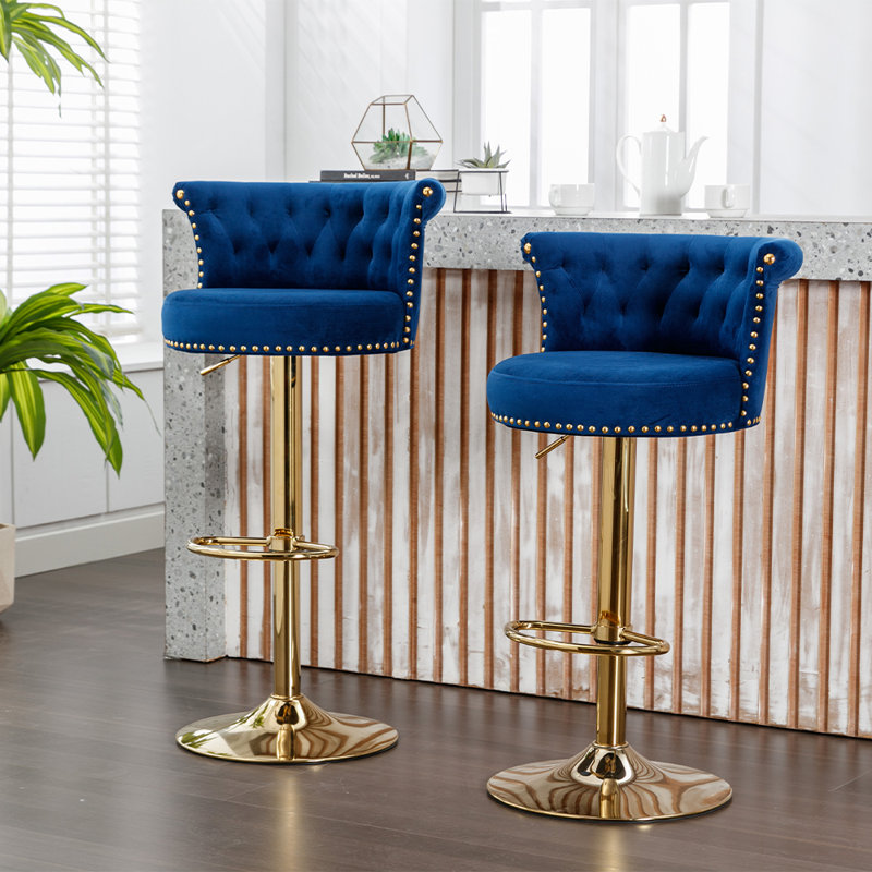 Swivel Upholstered Adjustable Height Counter Stool With Metal Base Set of 2, Blue