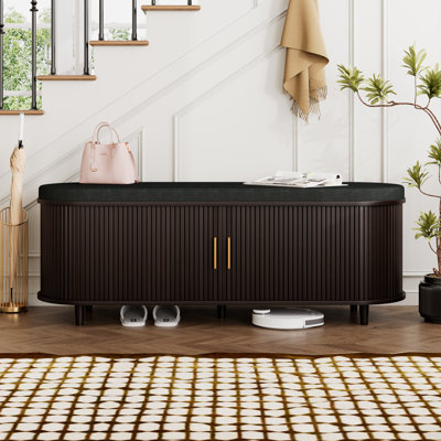 Banc de rangement à chaussures à 2 étages de style Mid-Century moderne avec porte coulissante cannelée et tablettes réglables