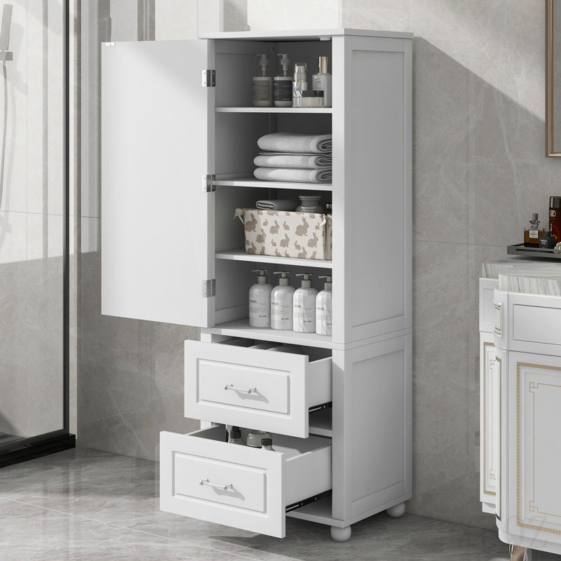 Tall Bathroom Storage Cabinet, Freestanding Storage Cabinet With Two Drawers And Adjustable Shelf, Mdf Board With Painted Finish, White