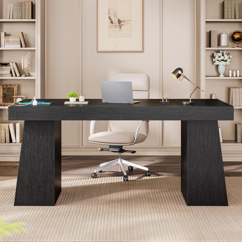 55.9” Executive Desk, Modern Home Office Desk With Power Outlets And Storage Shelves, Small Conference Table, Black