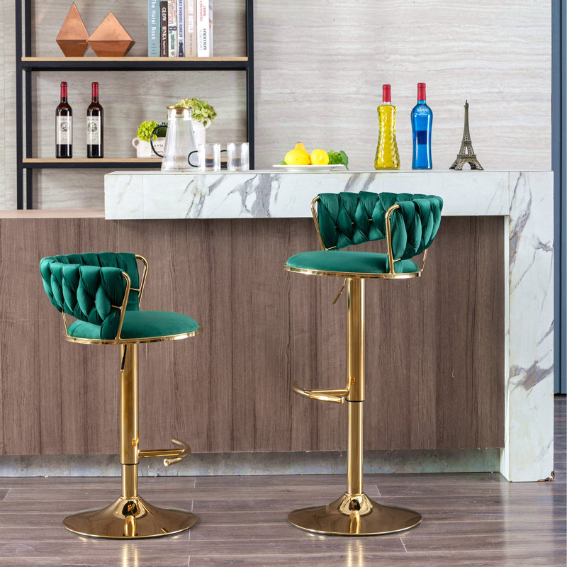 Ensemble de 2 tabourets de bar, avec repose-pieds chromé et base pivotante réglable en velours, Vert