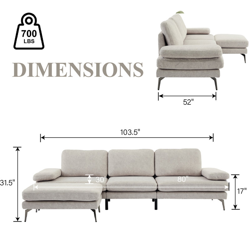 103'' Upholstered Sofa with Ottoman, Light Gray