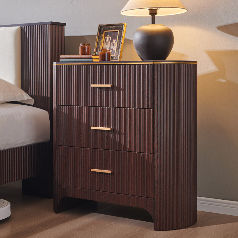 Fluted 3 Drawers Nightstand With Charging Station, 31.7"W  Bedside Table With Curved Profile Design, End Table Storage With Usb Ports For Bedroom, Living Room, Gold Metal Handle,Brown Oak