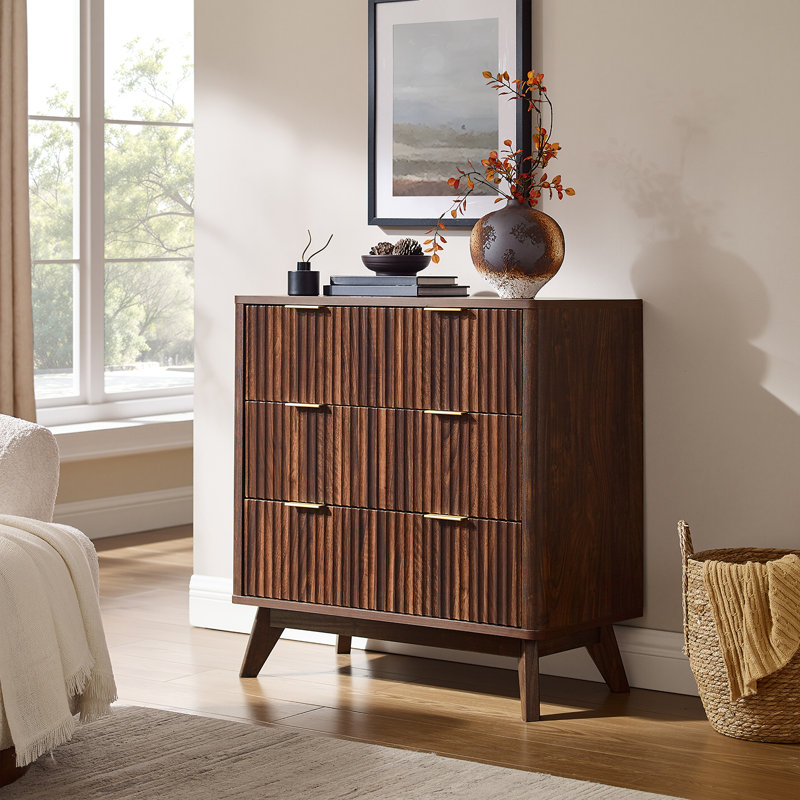 Table d'appoint 32 po de hauteur en faux marbre avec 3 tiroirs et design cannelé, Noyer foncé