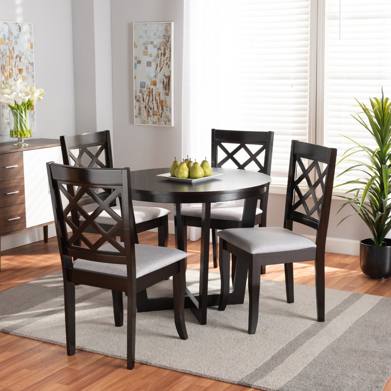 Dorsey 5-Pc Dining Set in Grey Fabric and Dark Brown Finished Wood, 29.9'' H X 35.4'' W X 35.4'' D, Expresso Brown