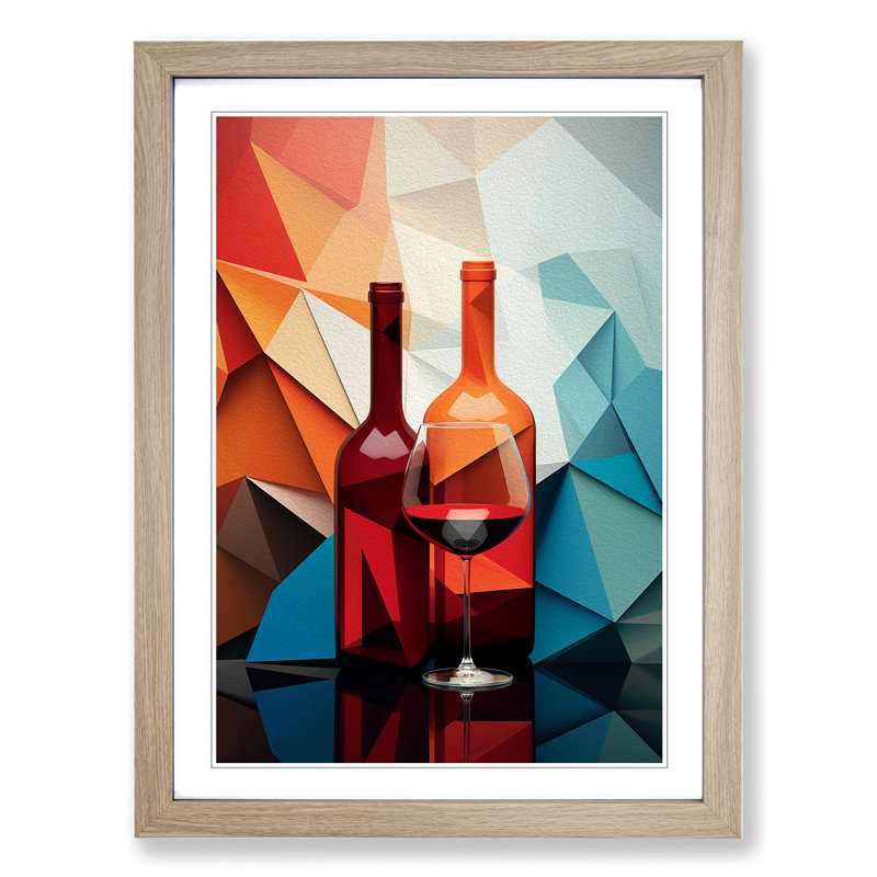 Wine Geometric - Single Picture Frame Print on Wood, 34cm H x 25cm W x 2cm D, Oak