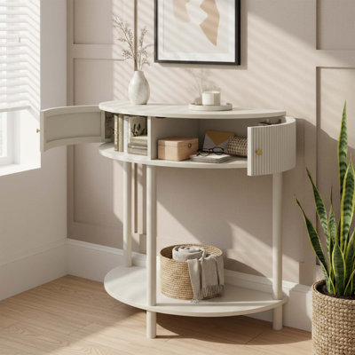 Modern Demi-Lune Console Table with Wave-Textured Drawers and Bottom Shelf for Entryway or Living Room