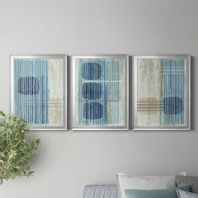 " Blue Blue Horizon I " 3 - Pieces Painting Print, 36.5" H x 79.5" W x 1" D, Silver