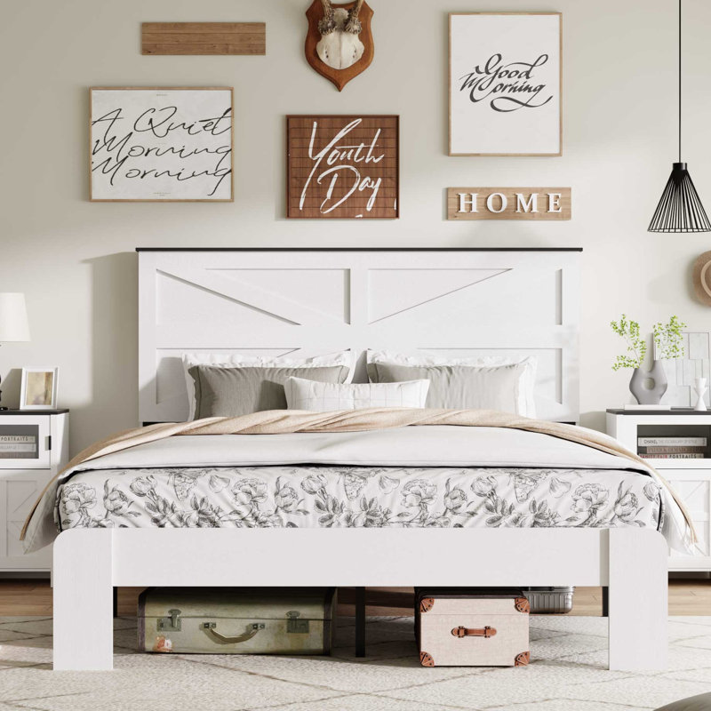 Structure de lit pour grand lit en bois blanc et métal avec tête de lit, bruit, sans sommier, assemblage facile, style industriel, lit plateforme en forme de mi-chambre, design, look simple et élégant, rangement sous le comptoir