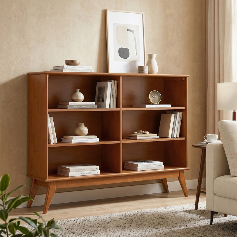 Bibliothèque Mid-Century moderne en bois massif de 40 po de hauteur Draper, 6 tablettes (H 39,7 po x l 64 po x P 14 po)
