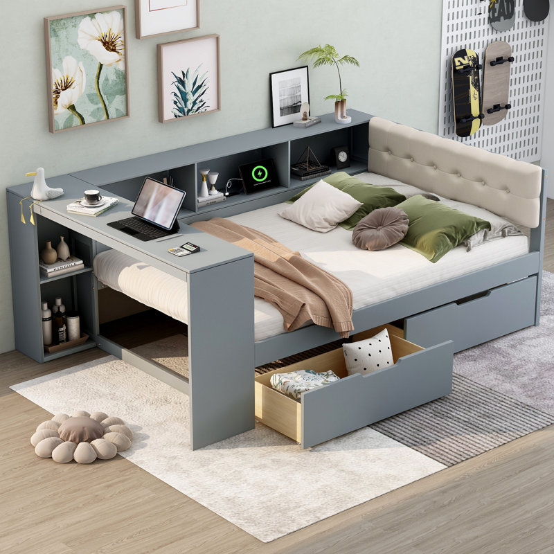 Lit plateforme double en bois avec tablettes de rangement, tiroirs, station de charge et tête de lit tapissier, gris