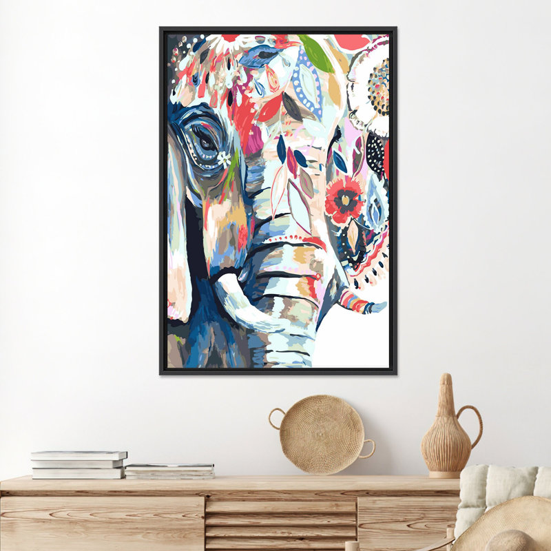 Éléphant abstrait élégant, impression sur toile: motif floral éclatant, toile noire encadrée 1P, 259 cm H x 160 cm l