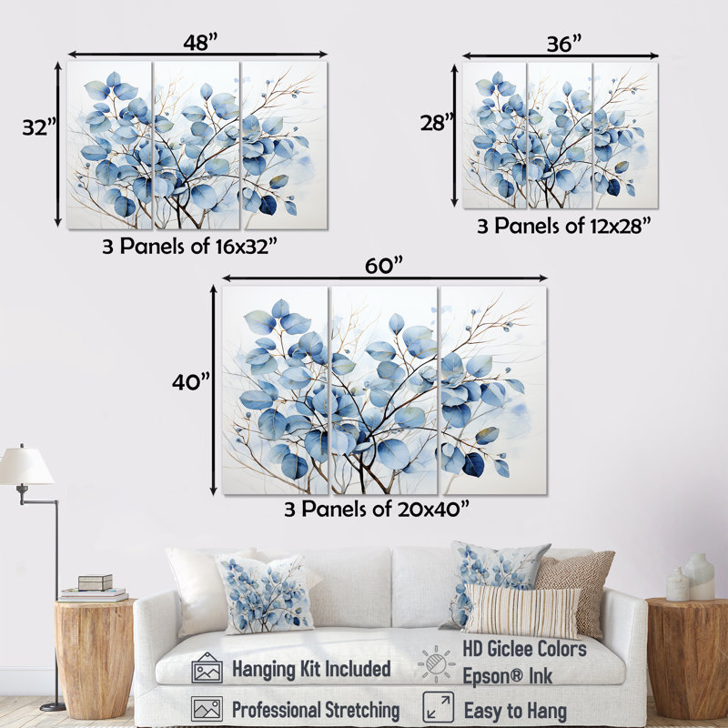 «Blue On», Leaves on Branch III - feuilles, ensemble d'art sur toile, H 28 po x l 36 po x P 1 po, Toile tendue
