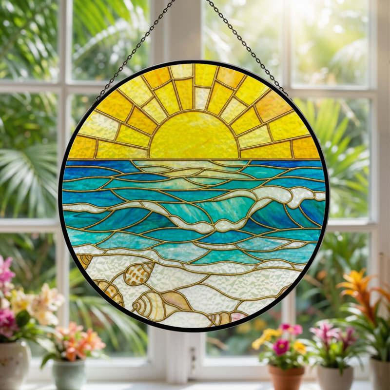 12"H Sunset Ocean Stained Glass Window Panel, 12" H x 12" W