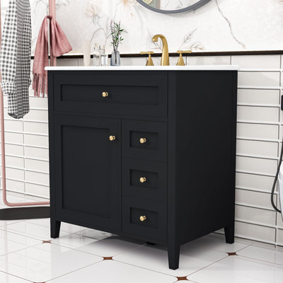 Meuble-lavabo de 30 pouces avec lavabo en céramique, 3 tiroirs de rangement et tablette réglable