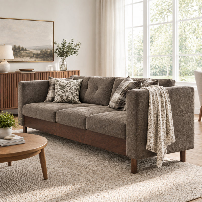 Canapé moderne 3 places en chenille de 199 cm (78,12 pouces) avec accoudoirs carrés, dossier capitonné et pieds en bois d'hévéa pour salon
