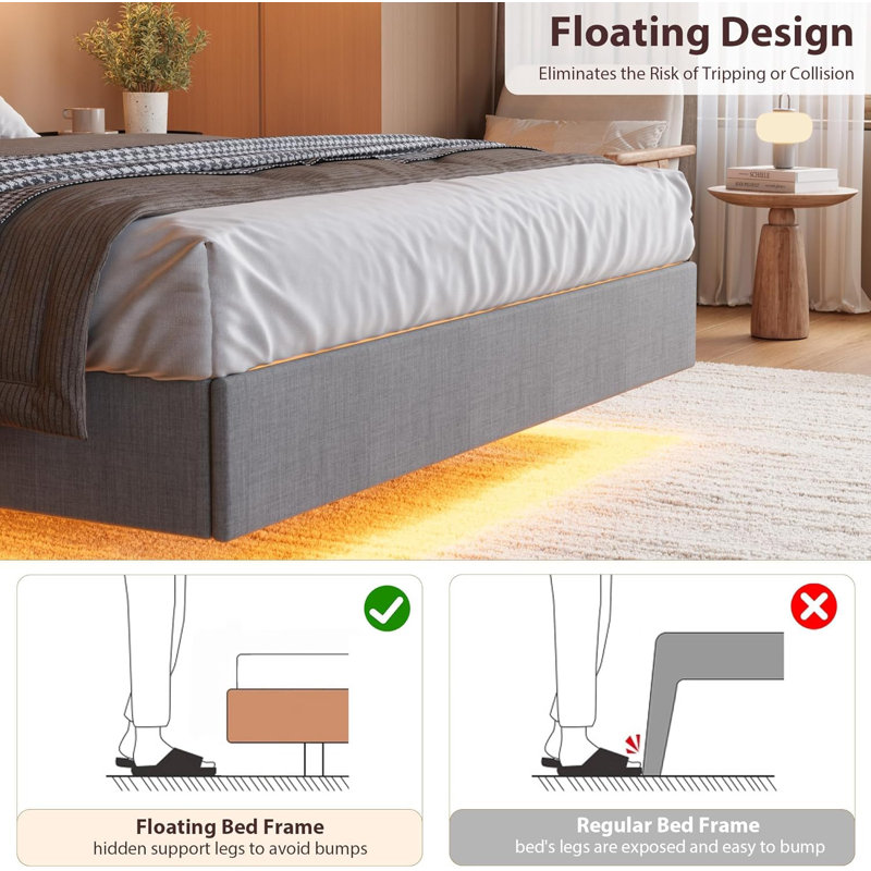 Cadre de lit flottant avec tête de lit rembourrée, base de lit plateforme avec station de charge et lumières DEL, Gris