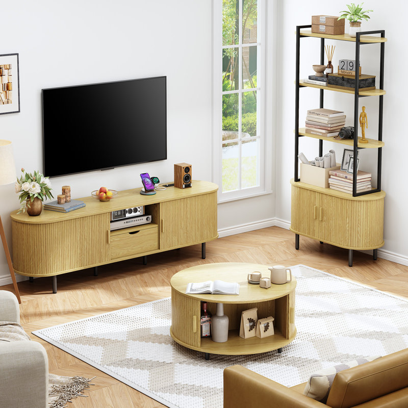 Meuble télé pour téléviseur de 80 po ou moins en bois manufacturé et moderne, 21.7" H x 68.9" W x 15.7" D, Chêne