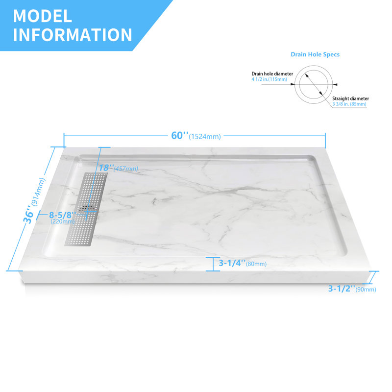 60" W x 36" D Rectangle Shower Base with Stainless Steel Linear Drain, Single & Double Threshold Reversible Installation, Anti-Slip Acrylic Shower Pan with Detachable Aluminum Flanges, cUPC Certified,Marble White