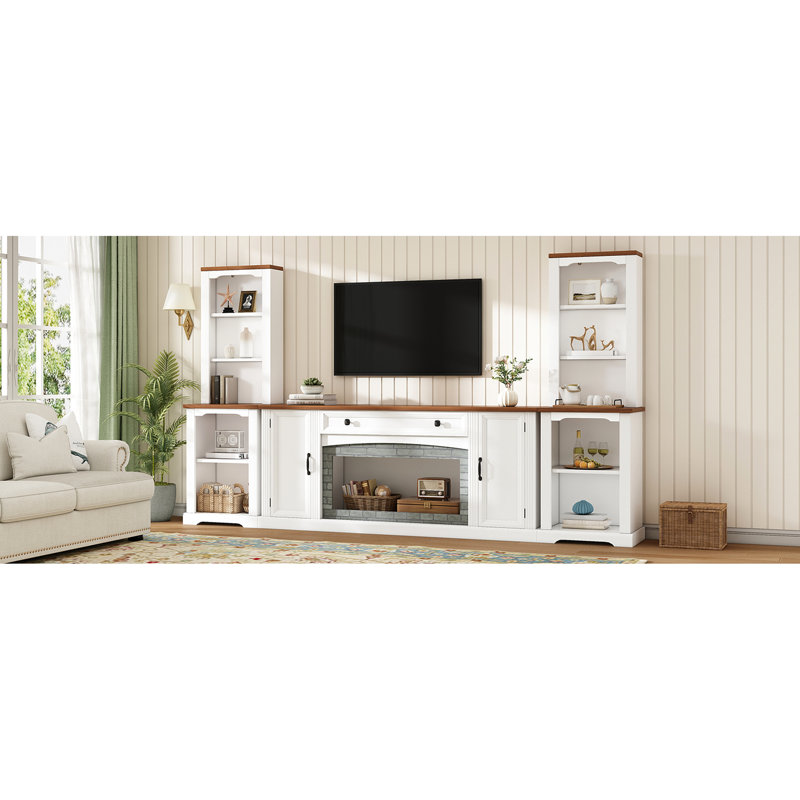Meuble télé 3 pièces, base blanche et placage de noyer, armoires latérales courbées pour le salon, Blanc, Non