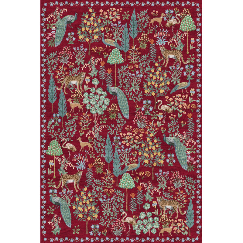 Tapis tissé à motif floral pin rouge, Rectangle 3 pi 9 po x 4 pi 11 po