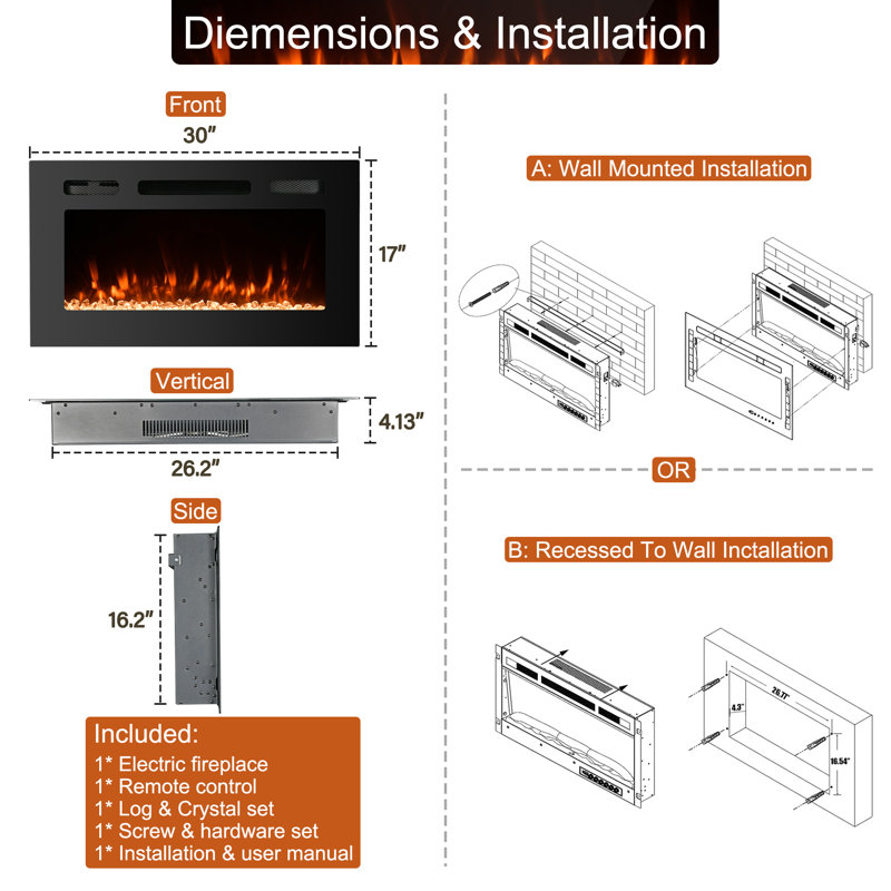 Rayva Classic Built-in or Wall-Mounted Direct Vent Electric Fireplace Insert, 16.54" H x 30" W x 4.33" D