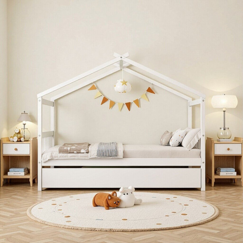 Lit simple en bois blanc avec lit gigogne - Rêves d'enfant inspirants pour les enfants de 6 ans et plus, Blanc