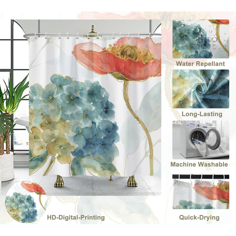 Pack of 1 Watercolor Flower Natural Modern Plant Shower Curtain with Hooks, 182.88cm H x 213.36cm W