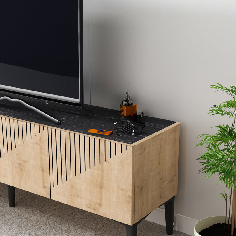 Modern TV Stand with Numerous Shelves, Sapphire Oak & Black Marble Design, 60.6 x 17.7 x 14.6 inches | 100% Melamine Coated Particle Board, Thickness: 0.7 inches | Perfect for Stylish Living Rooms & Entertainment Spaces