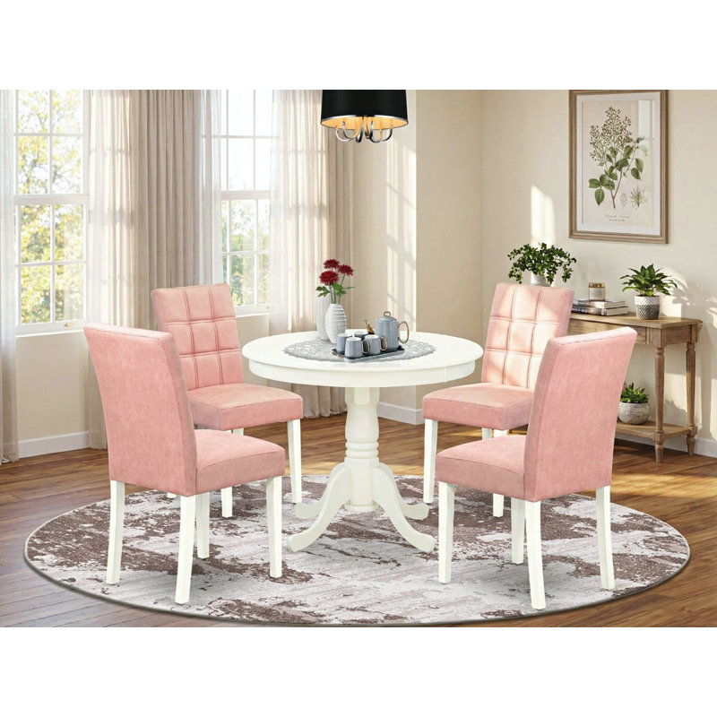 L'ensemble de table de salle à manger 5 pièces contient une table de salle à manger et 4 chaises en bois de polyester rouge beige avec dossier élégant - finition lin blanc