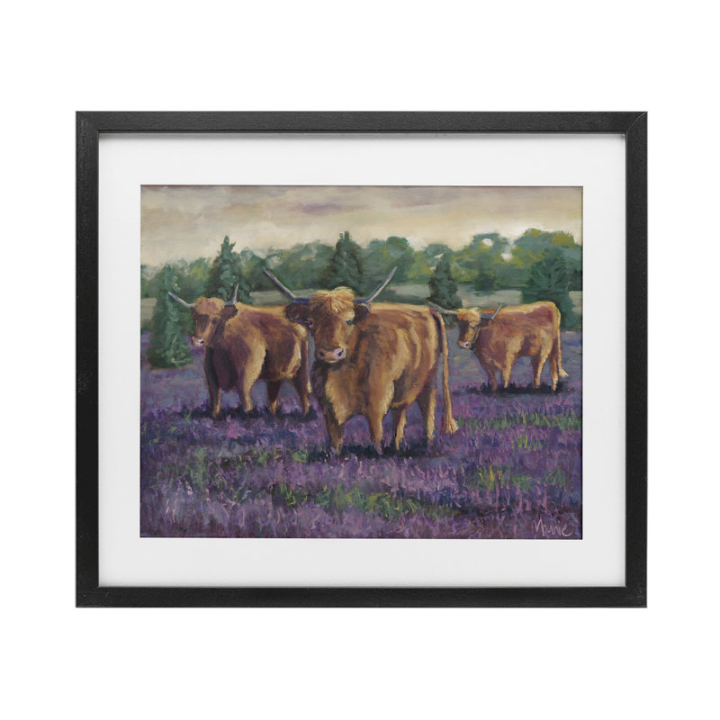 «Purple Fields & Cows», reproduction sous verre encadrée, design par Marnie Bourque, H 13 po x l 16 po, Cadre noir minuit