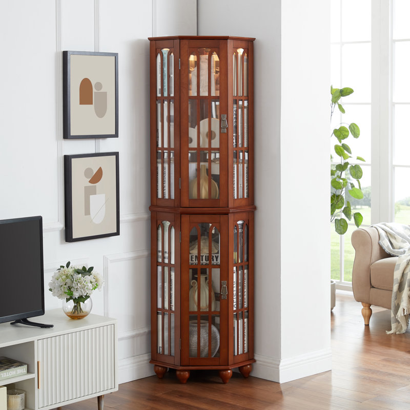 Vitrine d'angle en verre et verre avec 4 tablettes réglables, pieds en bois massif, finition noyer, Noyer
