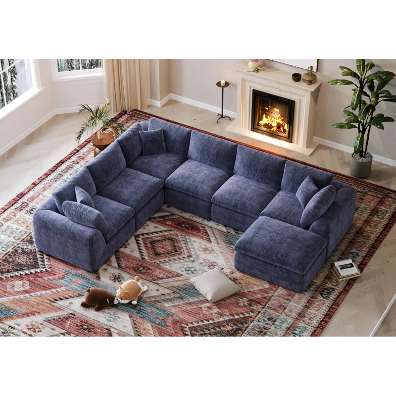 Canapé modulaire 7 places avec repose-pieds Boneless, Marine