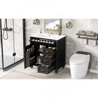Meuble-lavabo de 76 cm avec lavabo, meuble sur pied noir avec tiroir rabattable, 3 tiroirs et placard de rangement, bois massif et MDF, lavabo en céramique