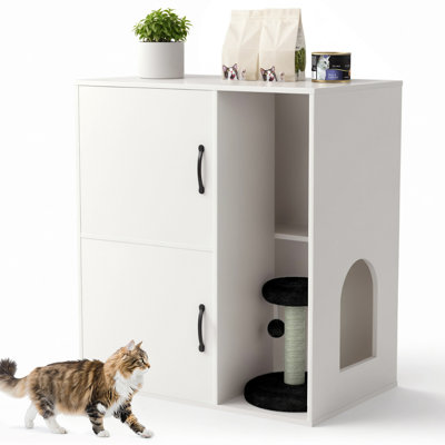 Cat Litter Box Enclosure For 2 Cats, Hidden Litter Box With Scratching Post, Modern Indoor Cat House With Double Room, White