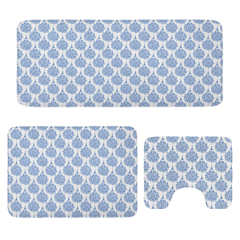  Ensemble de tapis de salle de bain oriental 3 pièces en U et rectangulaires bleu et blanc Oriental