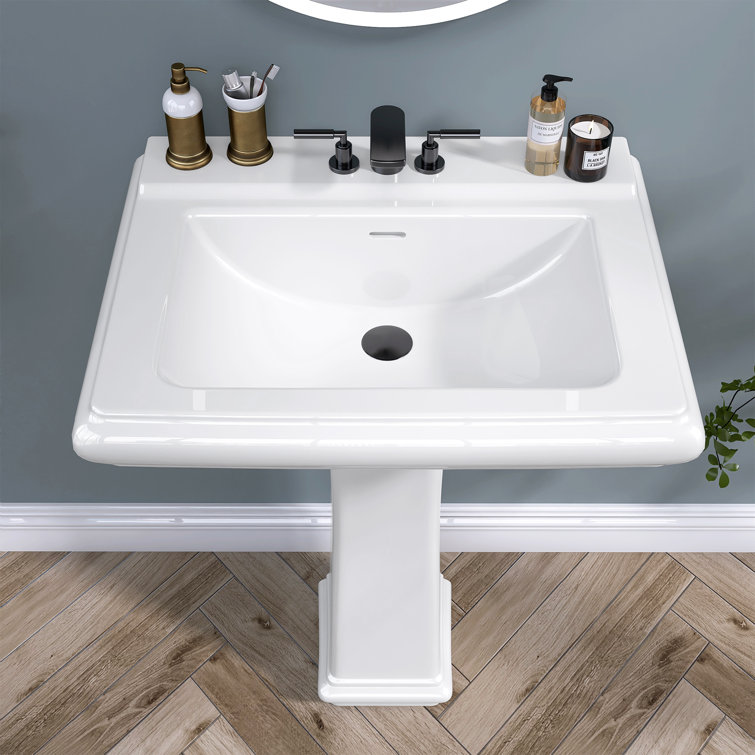 Ogonbrick 26'' Vitreous China Rectangular Bathroom Pedestal Sink with Overflow in White