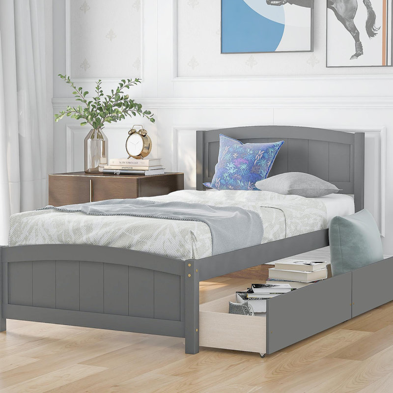 Lit plateforme simple avec deux tiroirs, gris