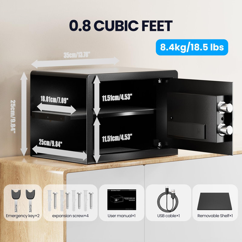 Compact Black Biometric Safe with LED Light and Backlit Keypad