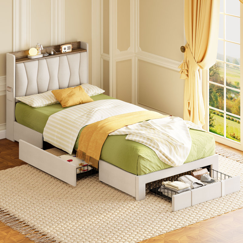 Upholstered Bed Frame with 3 Drawers, Bed with Storage Headboard and Charging Station, Beige, Twin XL