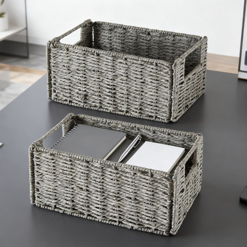 Hand-Woven Paper Rope Storage Basket Set Of 2, Collapsible Wicker Organizer Bins With Handles For Toilet Paper, Towels, And Household Essentials
