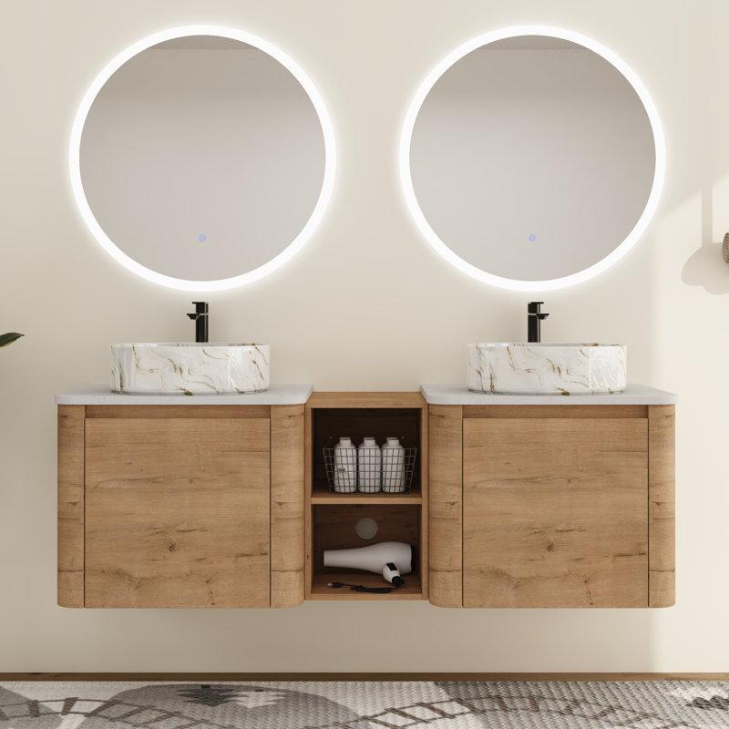 Greythor 60'' Wall-Mounted Double Bathroom Vanity With Ceramic Sink & Storage Shelves,60'' Double Bathroom Vanity Set With Engineered Stone Top