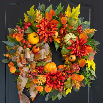 Couronne d'automne rustique avec grenades, tournesols et baies, décoration de porte d'entrée d'automne pour les espaces intérieurs et extérieurs, décoration de la fête de l'Action de grâce