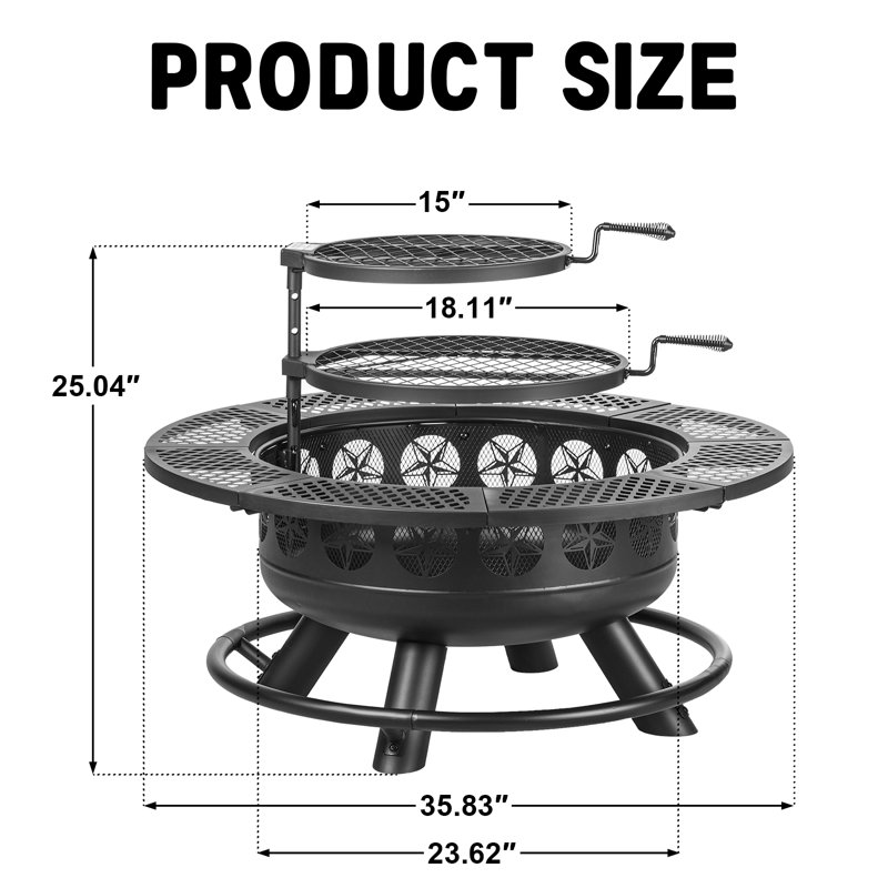 Foyer au bois avec barbecue et couvercle, H 25 po x l 36 po x P 36 po