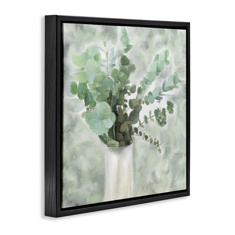 «Sage Green Painterly Eucalyptus», art mural sur toile flottante noire par Kimberly Allen, H 18 po x l 18 po